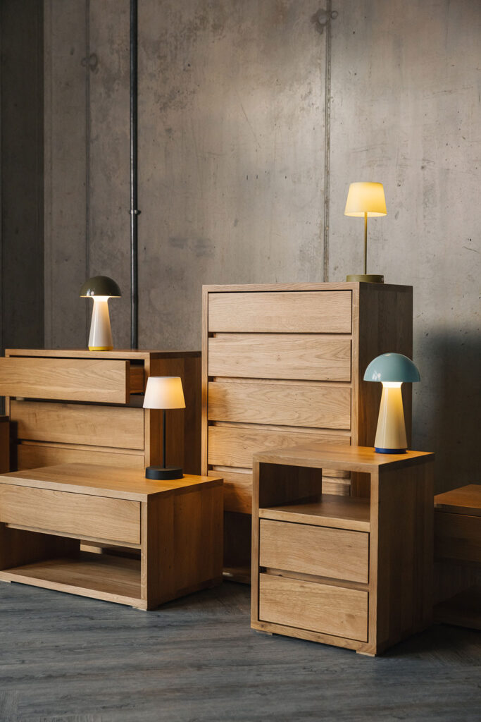 oak Cube storage units with colourful lighting