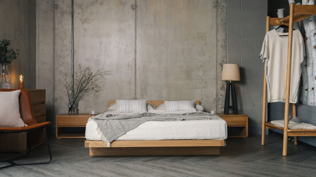 oak Kumo low bed with oak rail deep grey crinkle throw