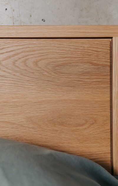 Hand made in solid oak - the headboard of our Leith bed shown close up