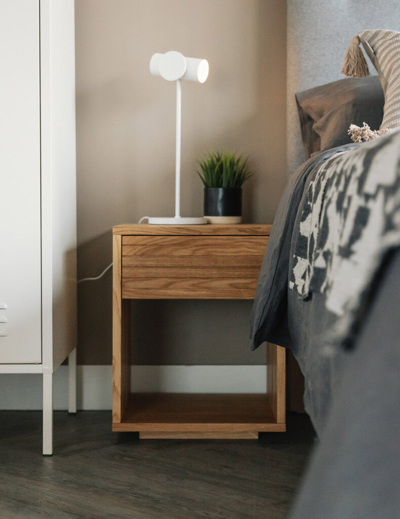 oak bedside table groove detail portrait