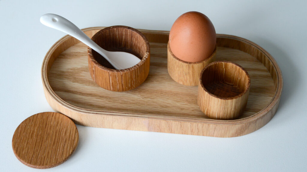 oak tray salt pot and egg cups