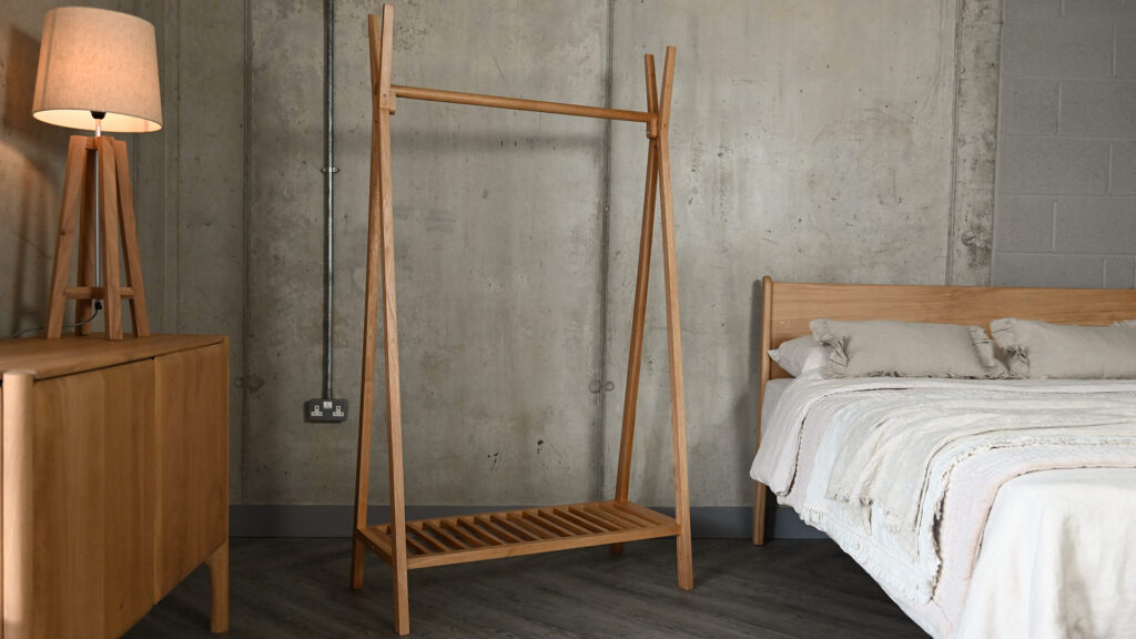 Freestanding Solid Oak Clothes Rail without any accessories on it, to show the scope of the unit.