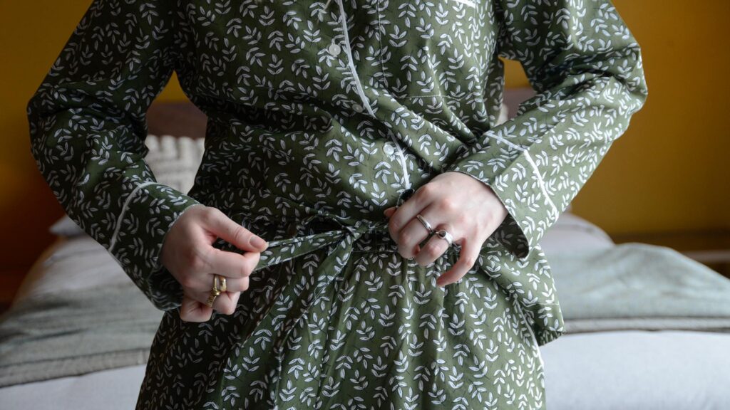 olive green and white floral block print pattern PJs