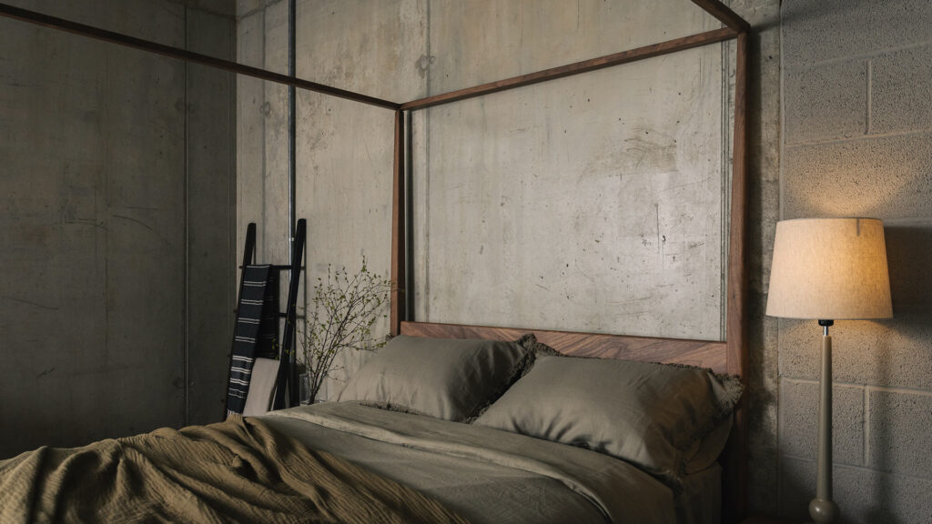 olive linen bedding on walnut Harrow