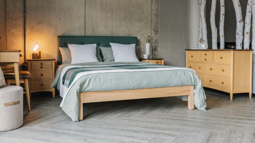 organic linen bedding on Iona bed with stained oak bedroom furniture