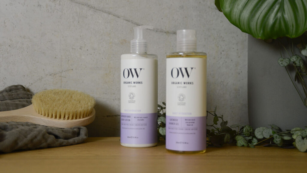 vegan and cruelty free organic shower gel and hand and body lotion with aloe vera, and rose geranium