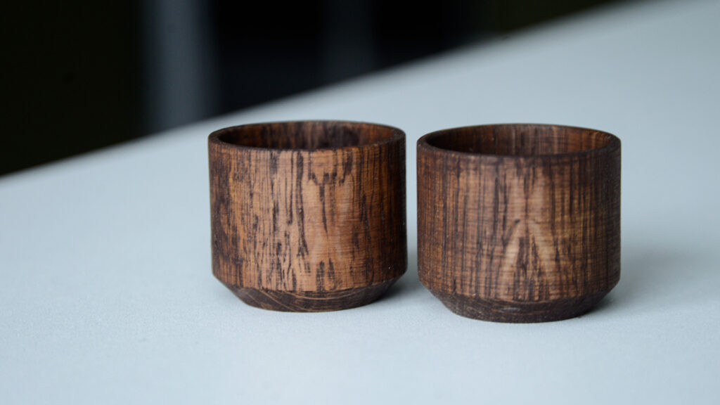 pair of oak egg cups smoked finish