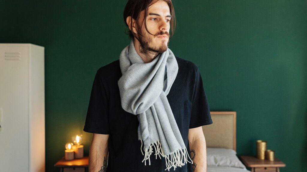 pale blue wool herringbone scarf