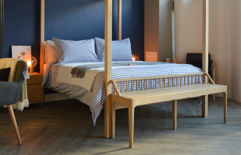Spindle bench shown with our contemporary 4 Poster Orchid bed