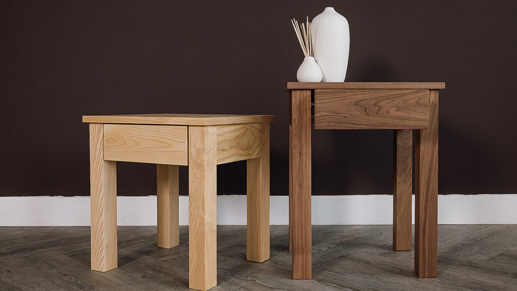 2 Sahara bedside tables with drawer. One short in ash, one tall in walnut.