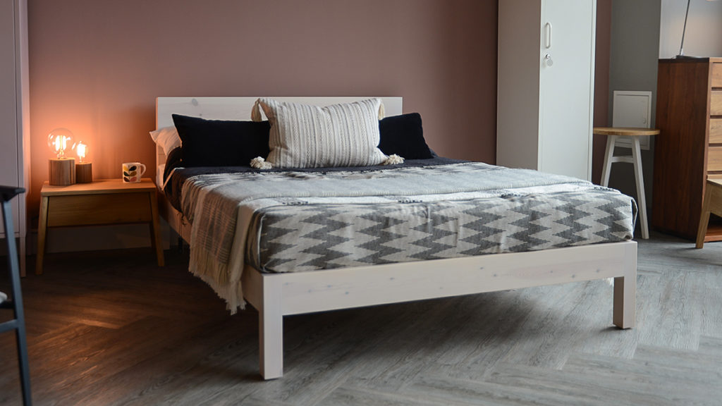 Sahara contemporary low headboard bed in white wash pine