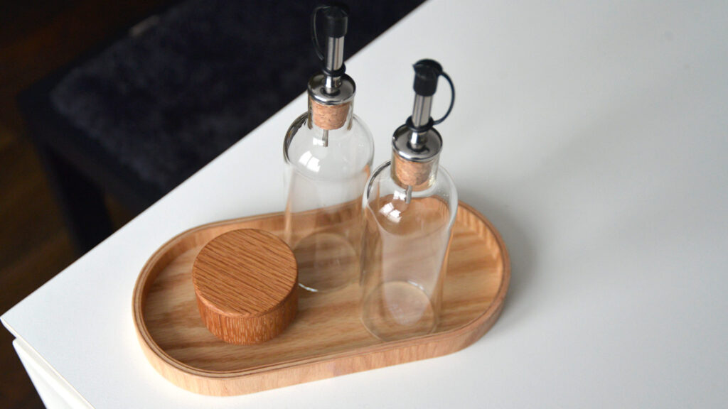 set of 2 oil and vinegardispenser with an oak tray and salt pot 