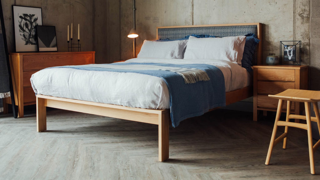 wooden bedroom furniture, Shetland bed with padded headboard and Shaker storage drawers