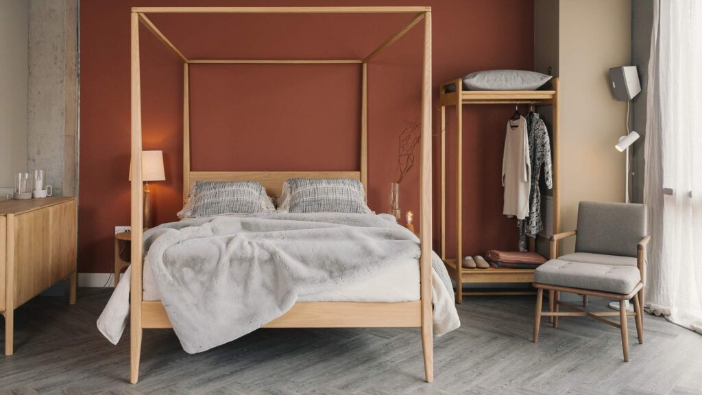 silver grey faux fur throw on oak Canterbury bed