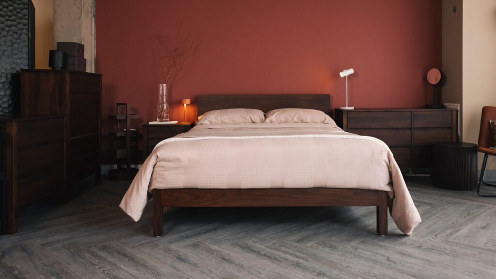 smoked walnut bedroom furniture with plaster bedding