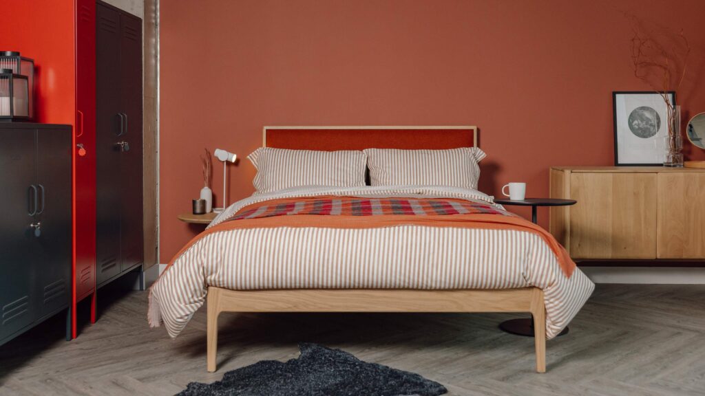 solid oak Carlisle bed with red headboard 1 scaled