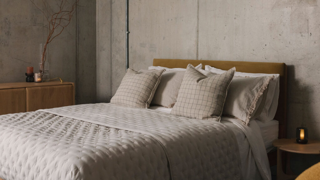 stone cushions and bedspread