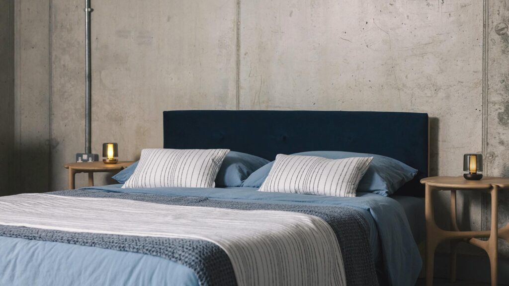 stonewash bedding on Iona bed with white and grey stripe accessories