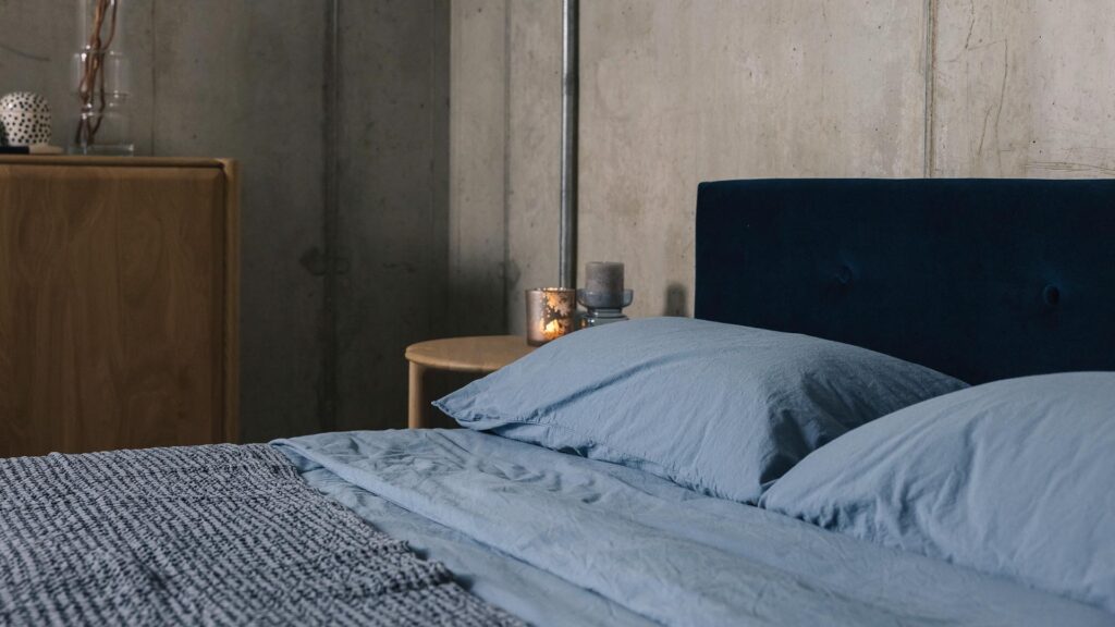 stonewash bedding with eco velvet Iona headboard