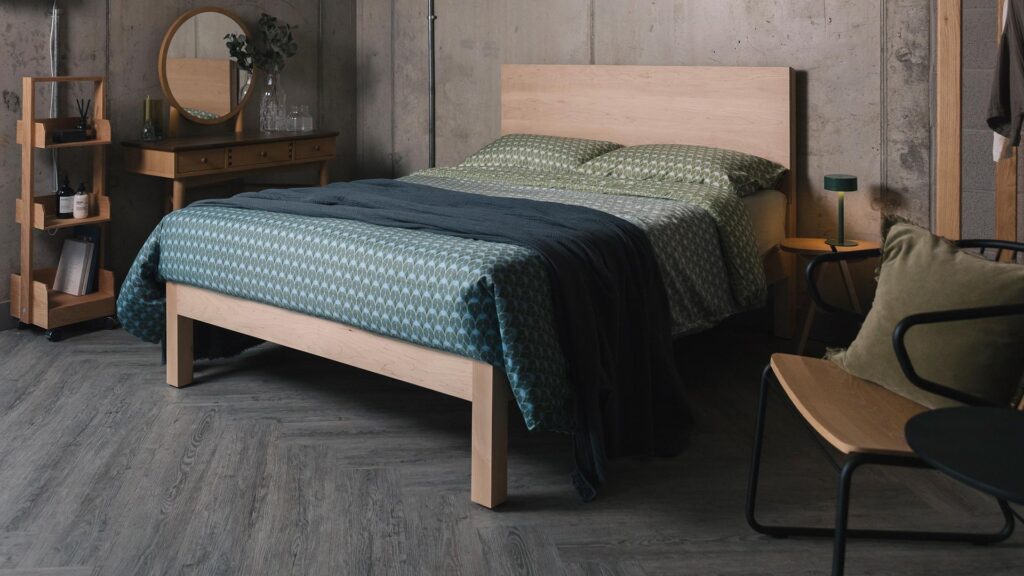 tencel bedding on modern solid maple bed Bamford