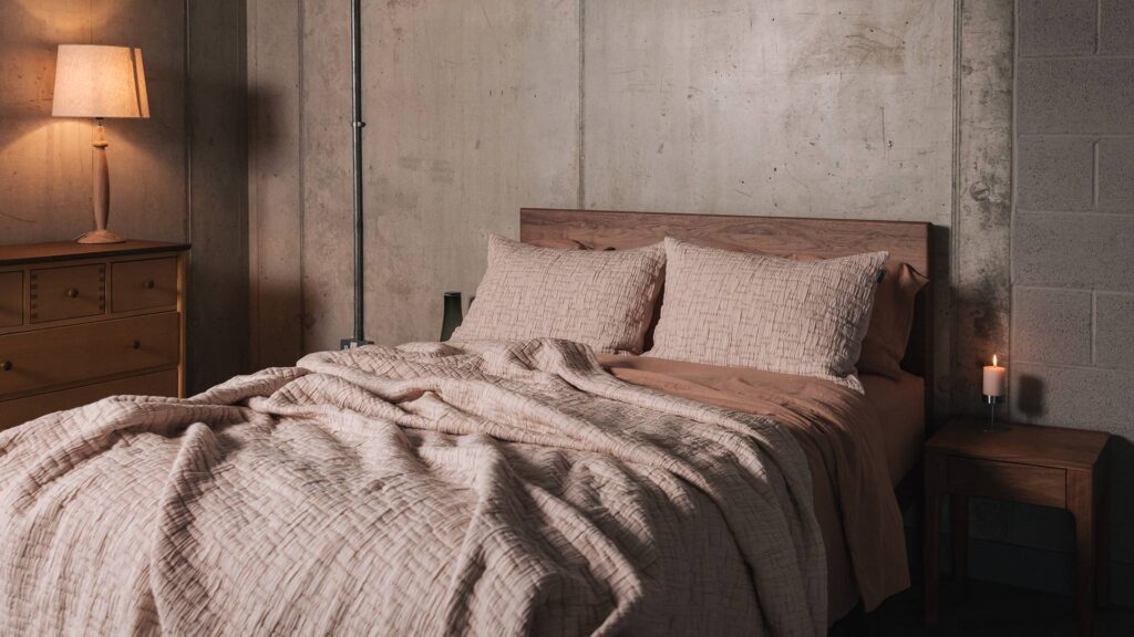 textured bedspread set with pink clay bedding
