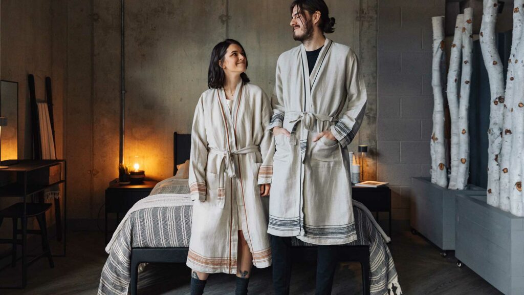 unisex robes in linen and cotton blend