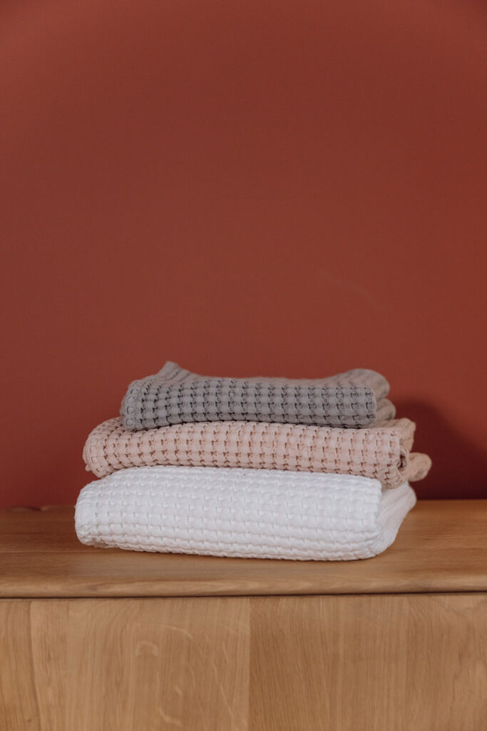 waffle towels in grey white and blush pink
