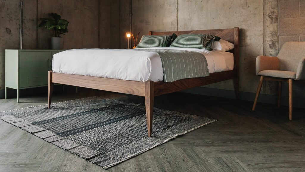 walnut bed dalston with green accessories