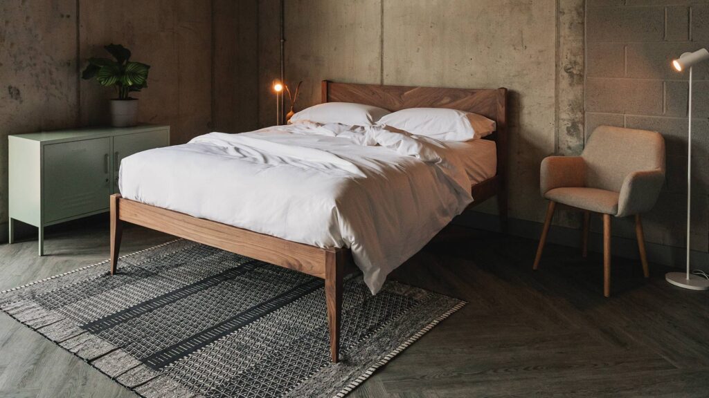 walnut dalston bed with white bamboo rich bedding