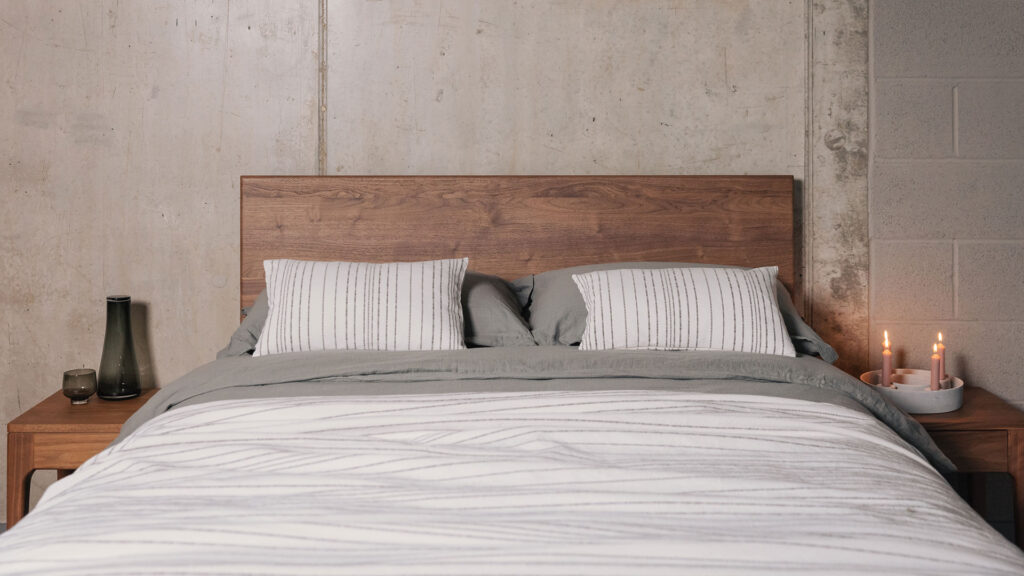 walnut headboard Chiswick grey and white bedding