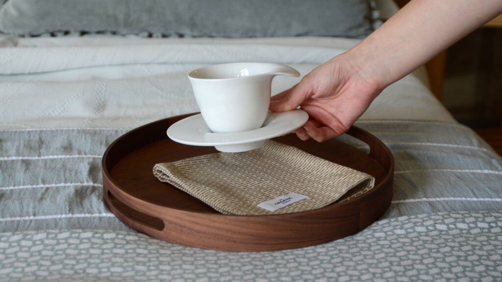walnut tray with ceramic espresso cup