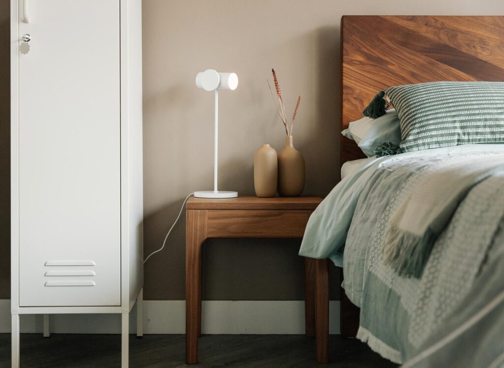 white lamp and locker with walnut Hathersage bed 1400