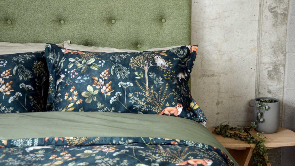 woodland botanical bedding duvet set pillow view with plant