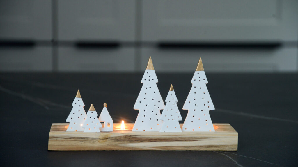 Christmas scene wooden tea lights holder with porcelain trees and a house